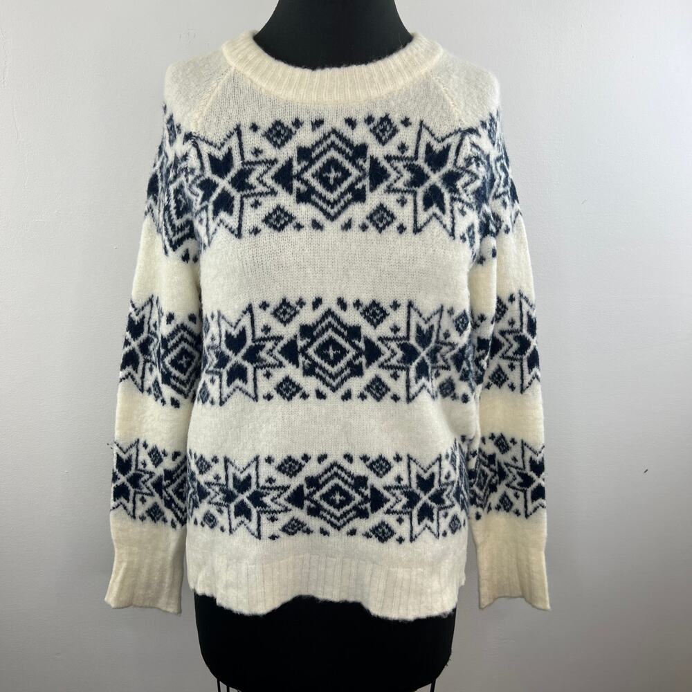 J.Crew Fair Isle White Black Crewneck Wool Blend Pullover Sweater L Large